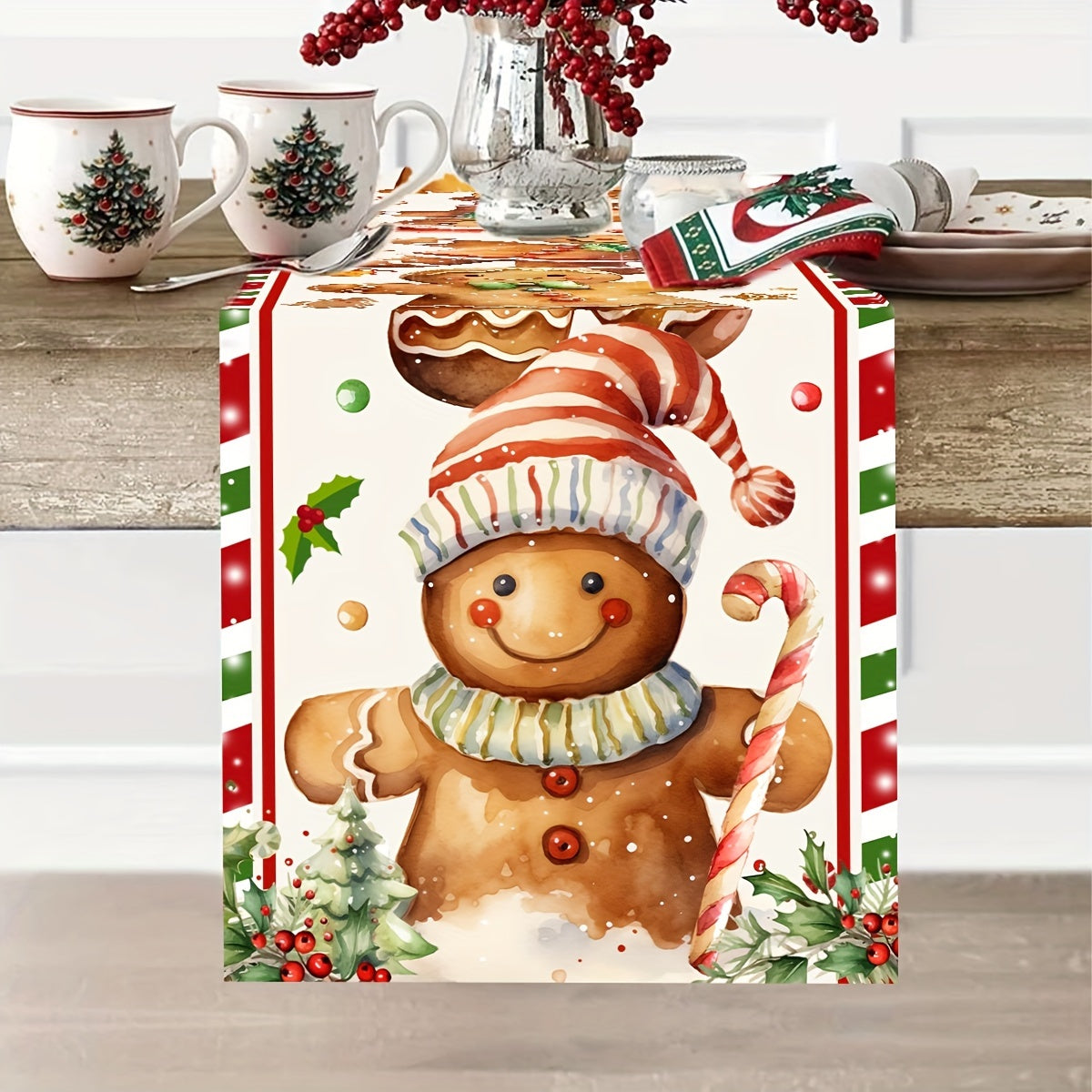 Vibrant 1-Piece Christmas Polyester Table Runner - Festive Gingerbread Man Pattern, Universal Fit, Machine Made, Easy Care, Seasonal Holiday Decor, Indoor and Outdoor Use, Perfect for Home Party, Dining Table Decoration, Xmas Celebration Accessory