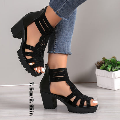Stylish High Heel Womens Sandals - Rhinestone Decorated, Chunky Block Heel, Open Toe, Hollow Out Design, Back Zipper, Fabric Insole, EVA Sole, Ankle-Strap, Random Printing, Perfect for Summer Fashion and Dress Occasions