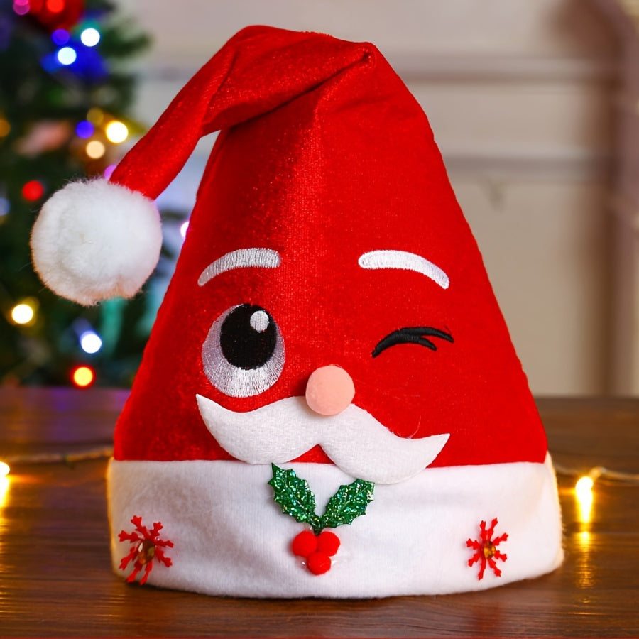 Christmas Santa Hat with Cartoon Design - Polycotton, No Feathers, Hand Wash Only - Festive Party Headwear, Non-Electric Holiday Gift & Decoration for Home and Celebrations