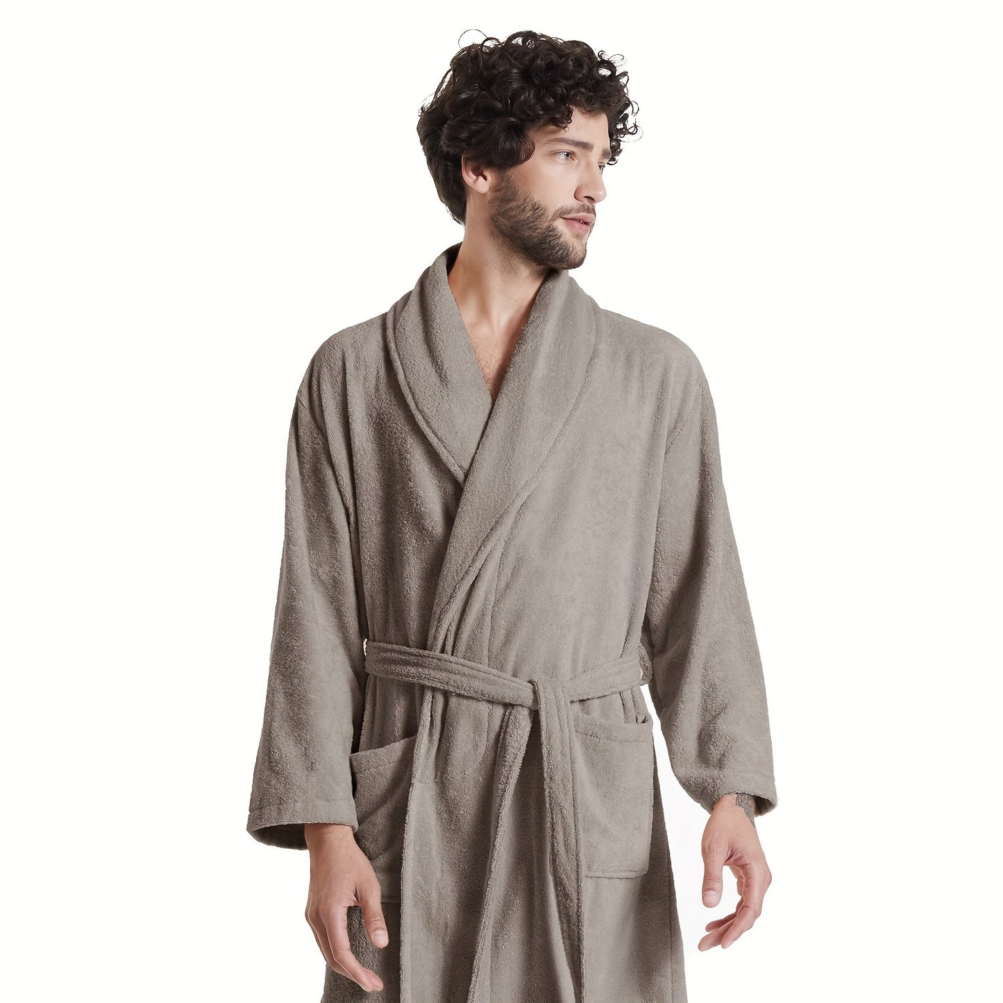 SIORO Mens Terry Cloth Bathrobe Shawl Collar Hotel Spa Cotton Robe Soft Warm Sleepwear Absorbent Calf Length Gown