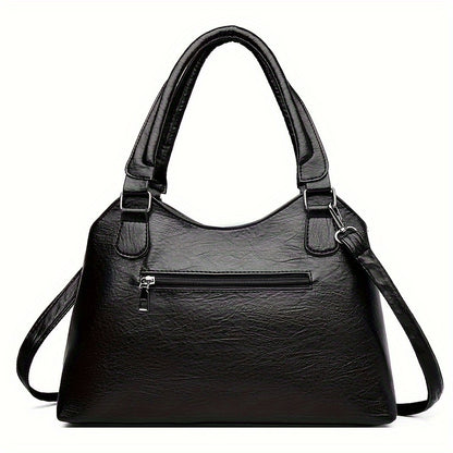 Women's Large Capacity Tote Bag, Vintage Style, Waterproof and Theft-Proof, Solid Color, Casual Versatile Handbag with Adjustable Strap, Zipper Closure, Polyester Lining, Faux Leather, No Print, No Edge Oil, Black