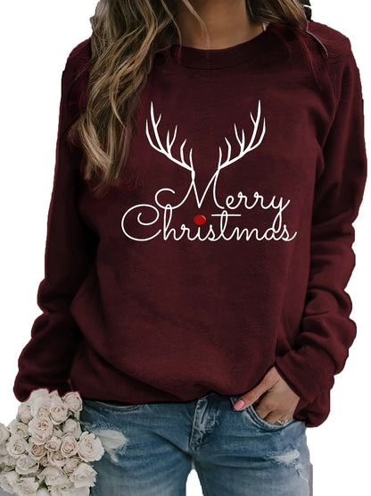 Women's Festive Christmas Print Sweatshirt - Casual Crew Neck, Long Sleeve Pullover for Fall & Spring, Cotton Blend