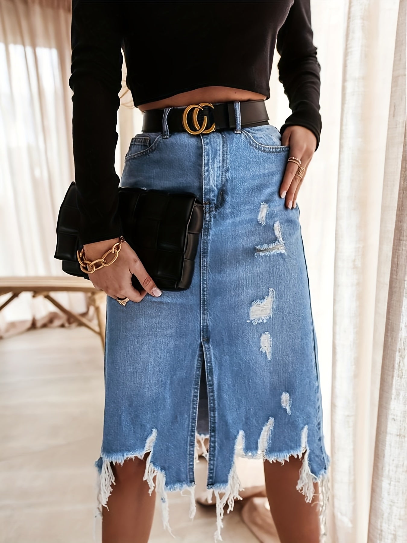 Chic Distressed Denim Skirt - Flattering High Rise, A-Line, Destroyed Hem, Knee-Length, Thigh Split - Womens Casual Fashion