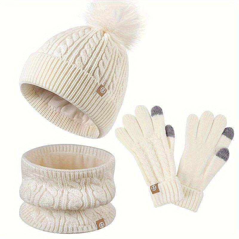 Elegant 3pcs Winter Set for Women: Cozy Fleece-Lined Knit Beanie, Scarf & Gloves - Warm, Windproof & Stylish