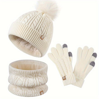 Elegant 3pcs Winter Set for Women: Cozy Fleece-Lined Knit Beanie, Scarf & Gloves - Warm, Windproof & Stylish