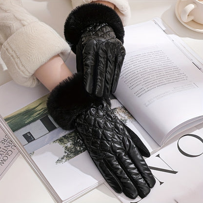 Women's Fashion Quilted Polyester Full Finger Gloves with Faux Fur Trim - Inelastic, Warm, Windproof, Knitted Craftsmanship for Weekend Casual Wear - Pack of 1 Pair