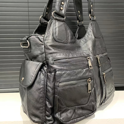 Large Capacity Vintage Multi-Pocket Faux Leather Tote Bag for Women with Removable Strap and Zipper Closure - Polyester Lined Work Bag from Guangzhou with Edge Painted Accessory-Free Design