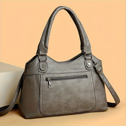 Women's Large Capacity Tote Bag, Vintage Style, Waterproof and Theft-Proof, Solid Color, Casual Versatile Handbag with Adjustable Strap, Zipper Closure, Polyester Lining, Faux Leather, No Print, No Edge Oil, Black