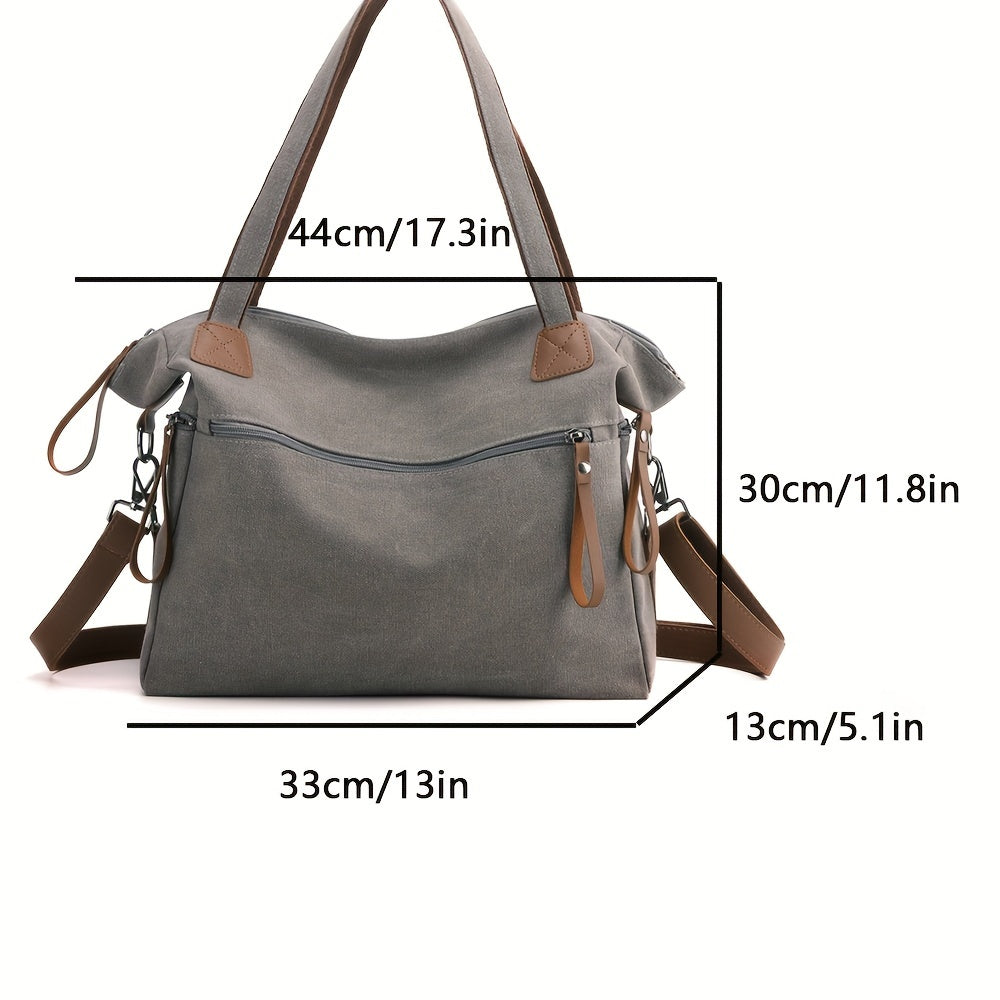 Large Capacity Vintage Style Canvas Tote Bag for Women - Adjustable Strap, Zipper Closure, Polyester Lined, Versatile for Work, Commuting, and Travel