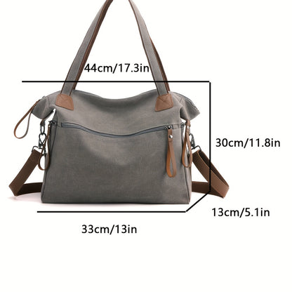 Large Capacity Vintage Style Canvas Tote Bag for Women - Adjustable Strap, Zipper Closure, Polyester Lined, Versatile for Work, Commuting, and Travel