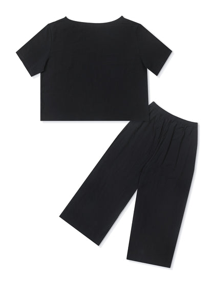 Relaxed Fit Casual Pantsuit Outfit - Vibrant Solid Color, Comfortable Short Sleeve T-shirt, Flattering Wide Leg Pants for Womens Clothing - Perfect for Warm Weather and Everyday Wear