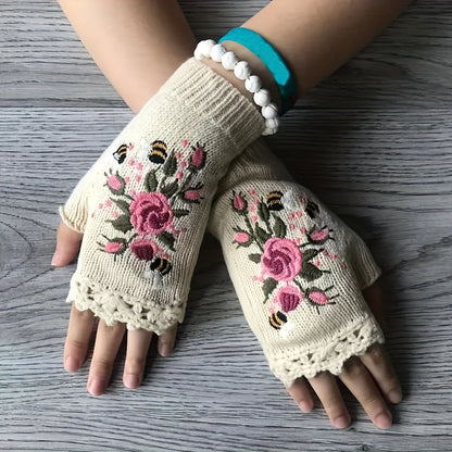 Vintage-Inspired Embroidered Floral Knit Gloves with Lace Trim - Touchscreen Compatible, Warm Half Finger Design for Women, Perfect for Fall & Winter