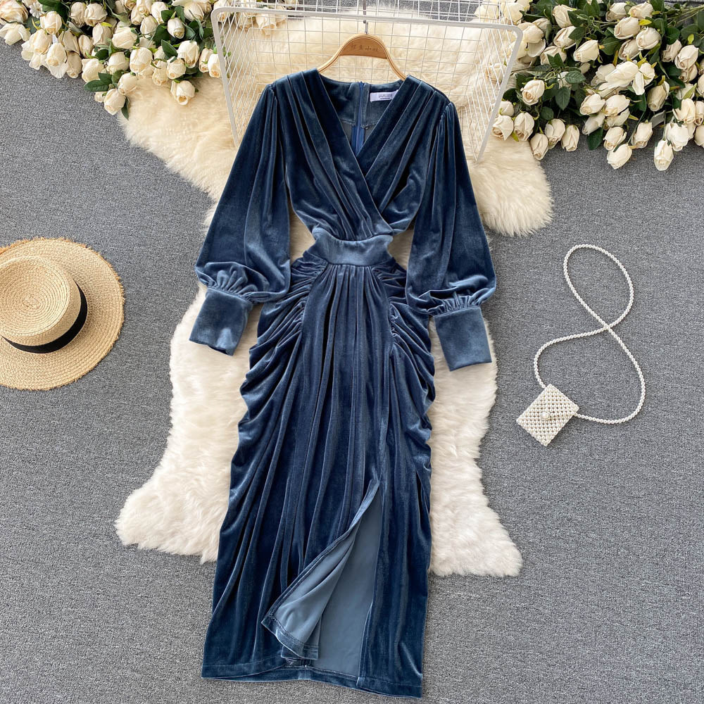 VAKKV Blue V-neck Velvet Dress, Long Sleeve Fashion Dress P275