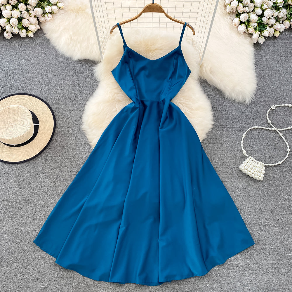 VAKKV Simple V-neck Long Dresses, A-line Spaghetti Straps Party Dresses P277