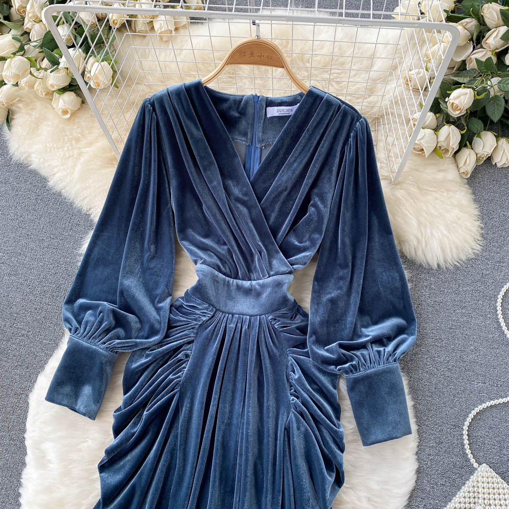 VAKKV Blue V-neck Velvet Dress, Long Sleeve Fashion Dress P275