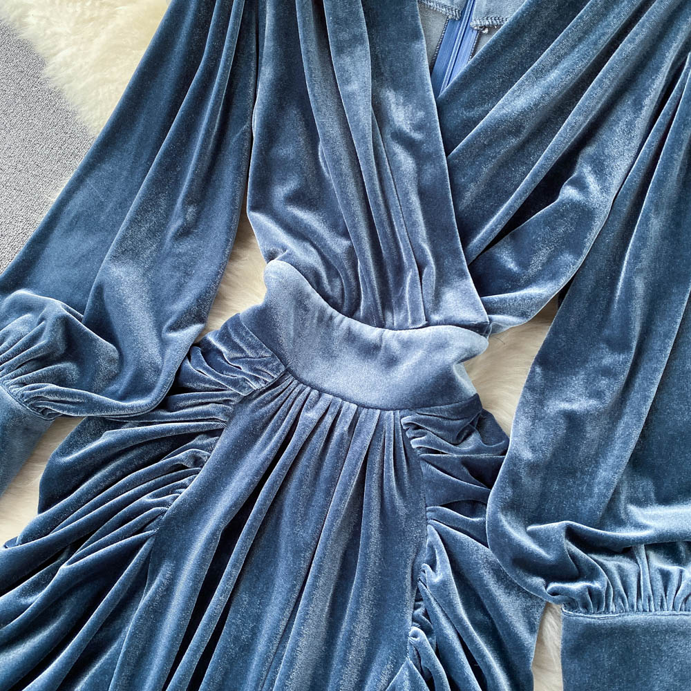 VAKKV Blue V-neck Velvet Dress, Long Sleeve Fashion Dress P275