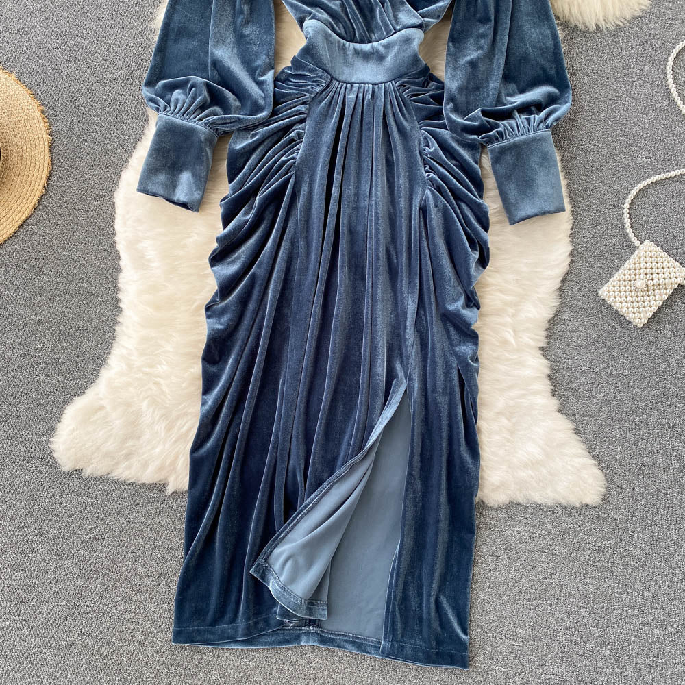 VAKKV Blue V-neck Velvet Dress, Long Sleeve Fashion Dress P275