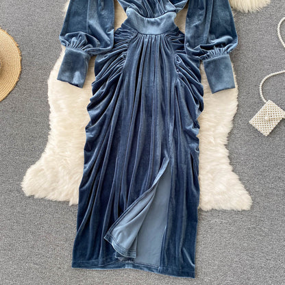 VAKKV Blue V-neck Velvet Dress, Long Sleeve Fashion Dress P275
