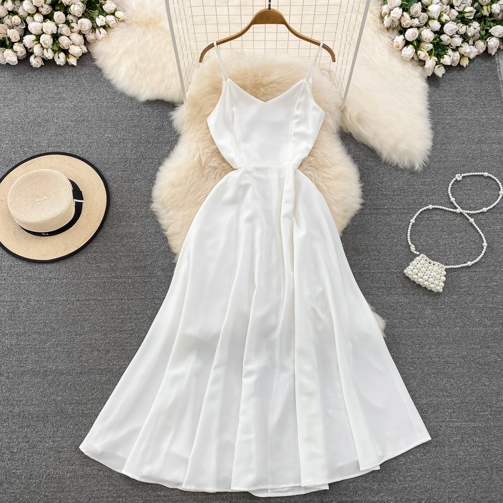VAKKV Simple V-neck Long Dresses, A-line Spaghetti Straps Party Dresses P277