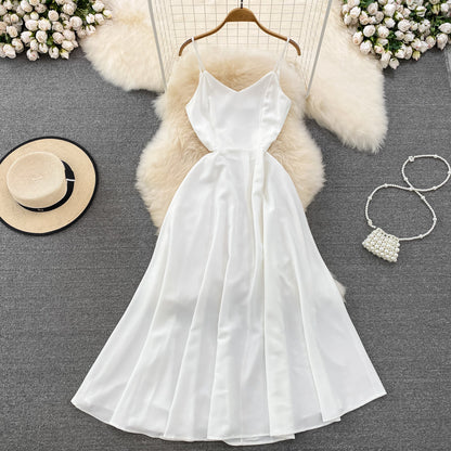 VAKKV Simple V-neck Long Dresses, A-line Spaghetti Straps Party Dresses P277