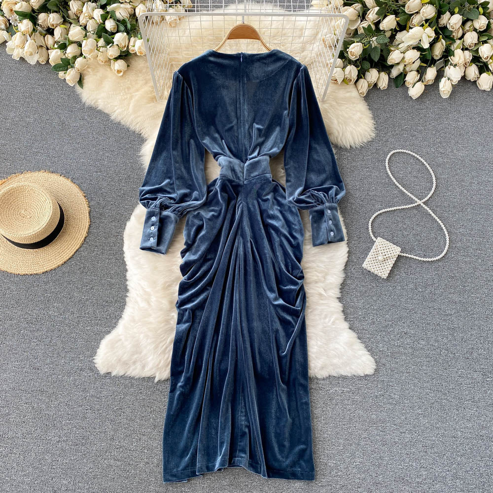 VAKKV Blue V-neck Velvet Dress, Long Sleeve Fashion Dress P275