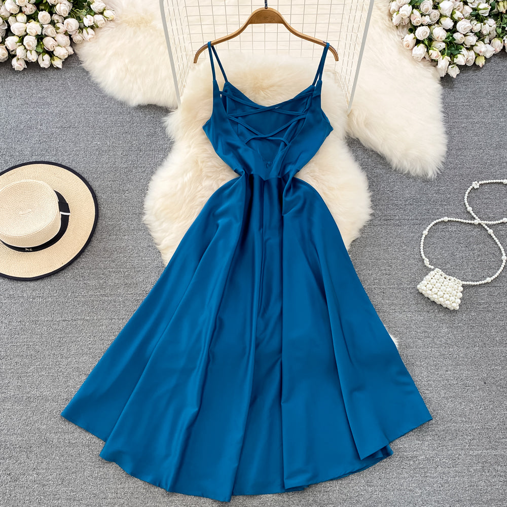VAKKV Simple V-neck Long Dresses, A-line Spaghetti Straps Party Dresses P277