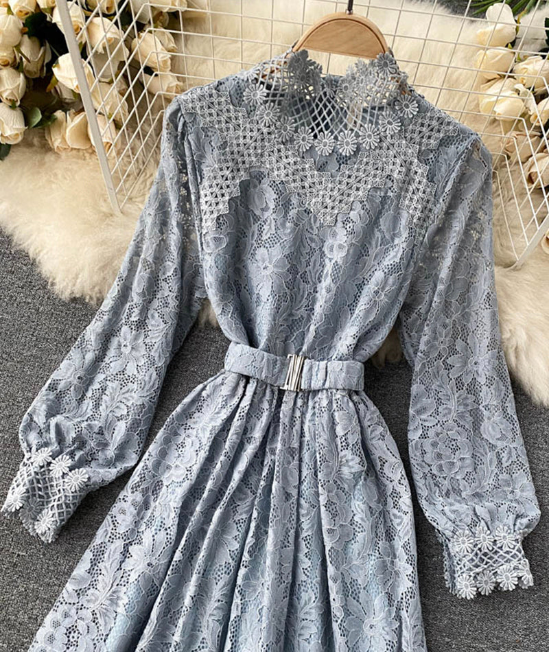 VAKKV Elegant O-neck Lace Long Sleeve Dress P316