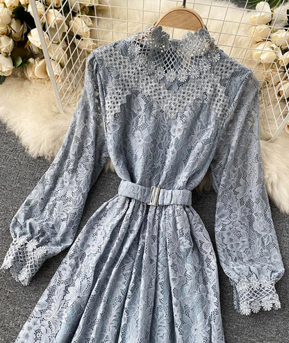 VAKKV Elegant O-neck Lace Long Sleeve Dress P316