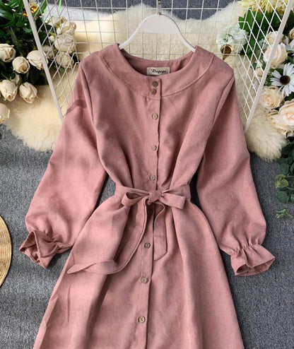 VAKKV Long Sleeve Ruffle Hem Button Down Dress P307
