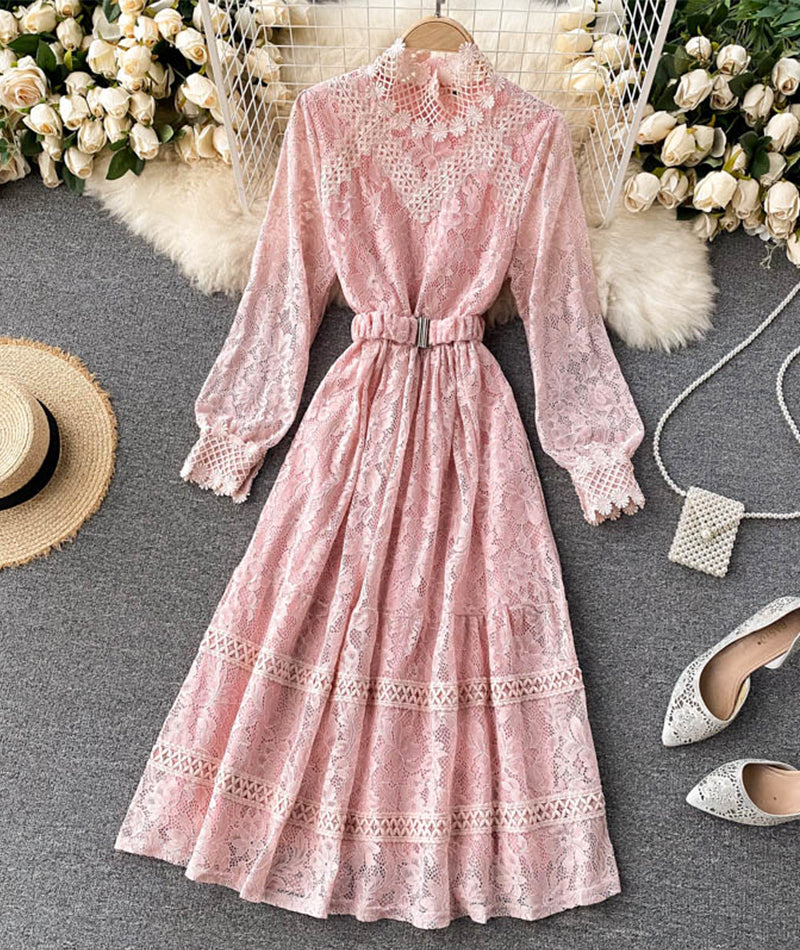 VAKKV Elegant O-neck Lace Long Sleeve Dress P316