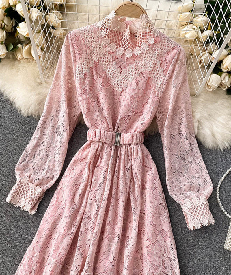 VAKKV Elegant O-neck Lace Long Sleeve Dress P316