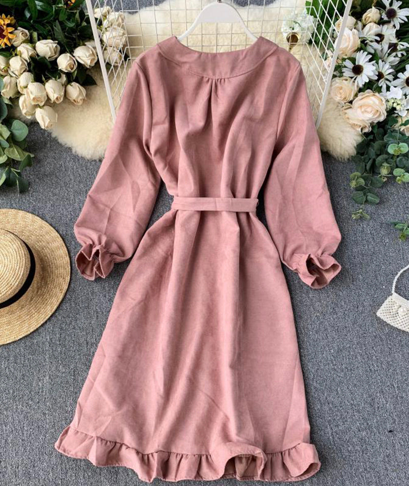 VAKKV Long Sleeve Ruffle Hem Button Down Dress P307