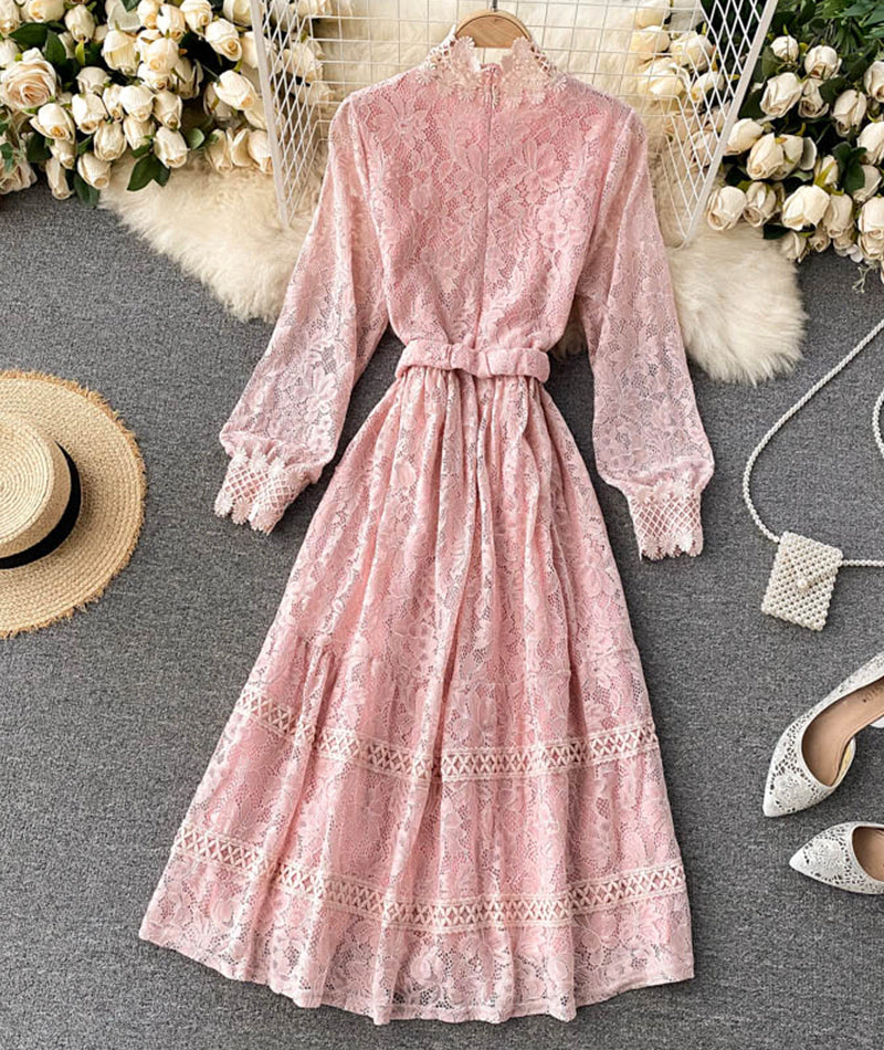 VAKKV Elegant O-neck Lace Long Sleeve Dress P316