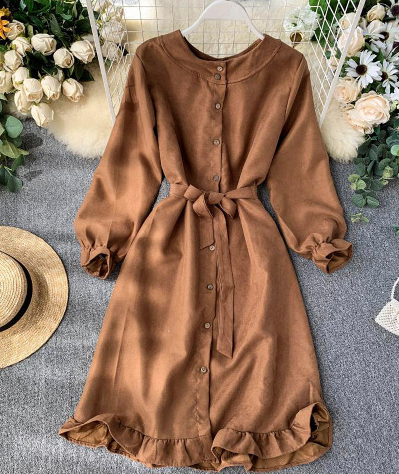 VAKKV Long Sleeve Ruffle Hem Button Down Dress P307