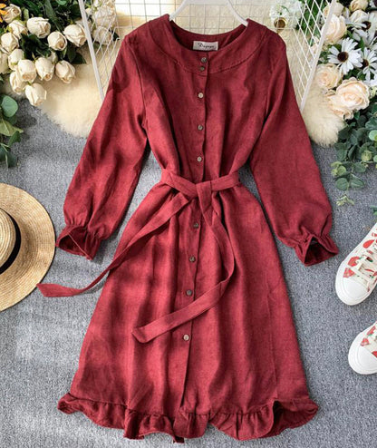 VAKKV Long Sleeve Ruffle Hem Button Down Dress P307