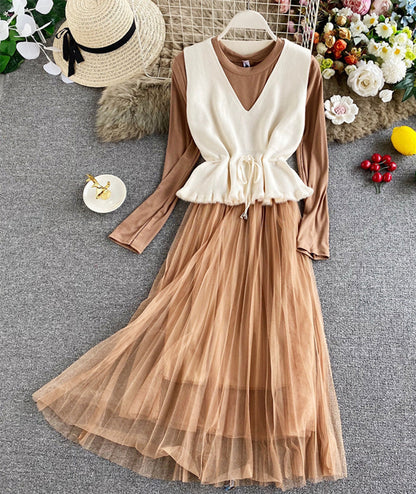 VAKKV Cute V Neck Knitted Vest+ Long Sleeve Dress Two Pieces Sets P297