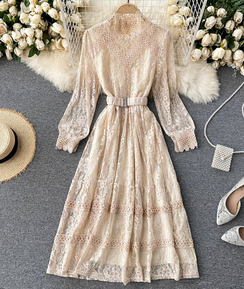 VAKKV Elegant O-neck Lace Long Sleeve Dress P316