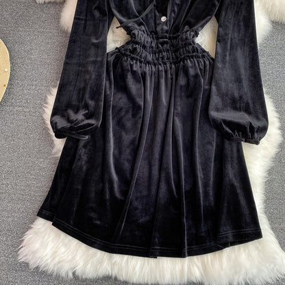 VAKKV Black Velvet A-line Long Sleeve Dress, Black Fashion Dress P288