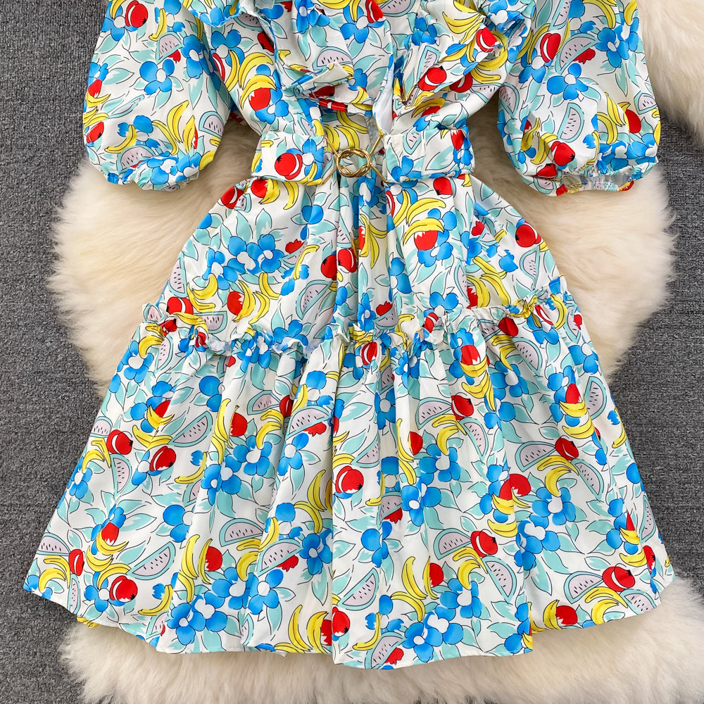 VAKKV Cute V-neck Floral Dresses, A-line Fashion Dresses P286