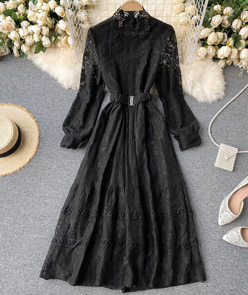 VAKKV Elegant O-neck Lace Long Sleeve Dress P316