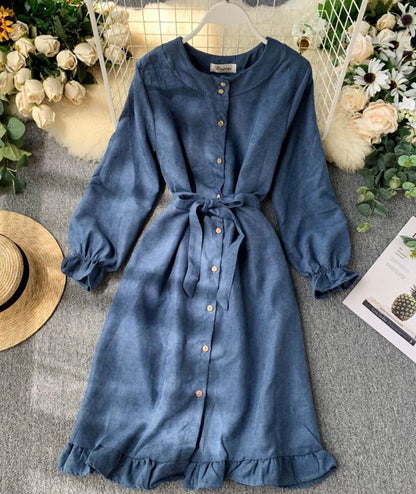 VAKKV Long Sleeve Ruffle Hem Button Down Dress P307
