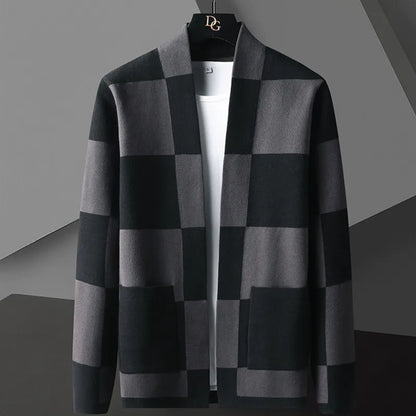 British Style Autumn New Knitted Cardigan Sweater Trend Brand Fashion Plaid Cardigan Coat Men Leisure Yellow Blue Mens Sweaters