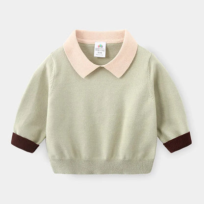 Spring Autumn Winter 2 3-10 Years Knitted Solid Color Patchwork School Student Turn-Down Collar Sweaters For Baby Kids Boys 210414