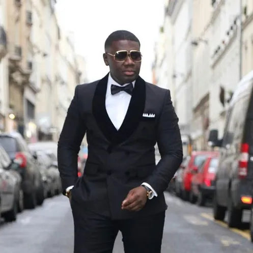 Handsome Shawl Lapel Groomsmen Double-Breasted Groom Tuxedos Black Men Suits Wedding/Prom/Dinner Man Blazer Jacket Pants Tie