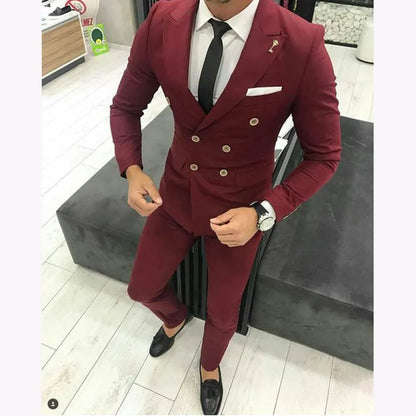 Handsome Shawl Lapel Groomsmen Double-Breasted Groom Tuxedos Black Men Suits Wedding/Prom/Dinner Man Blazer Jacket Pants Tie