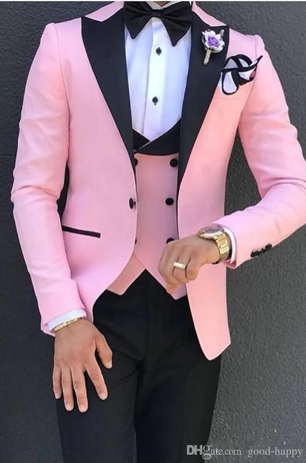 Brand New lavender Groom Tuxedos With Black Peak Lapel Groomsman Wedding 3 Piece Suit Popular Men Business Jacket Blazer(Jacket+Pants+Tie+Vest) 69