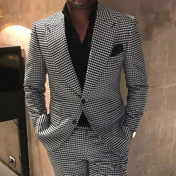 Houndstooth Groom Tuxedos Peak Lapel Men Wedding Tuxedo Fashion Men Jacket Blazer Men Prom Dinner/Darty Suit(Jacket+Pants+Tie) 1592