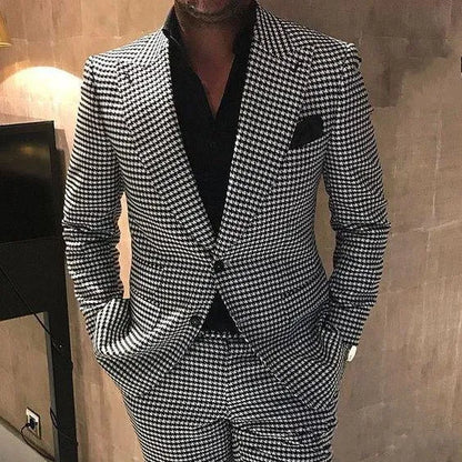 Houndstooth Groom Tuxedos Peak Lapel Men Wedding Tuxedo Fashion Men Jacket Blazer Men Prom Dinner/Darty Suit(Jacket+Pants+Tie) 1592