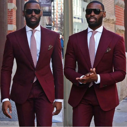 Red Mens Wedding Tuxedos Black Peak Lapel Groom Groomsmen WeddingTuxedos Popular Man Blazers Jacket 2 Piece Suit(Jacket+Pants+Tie) 1312