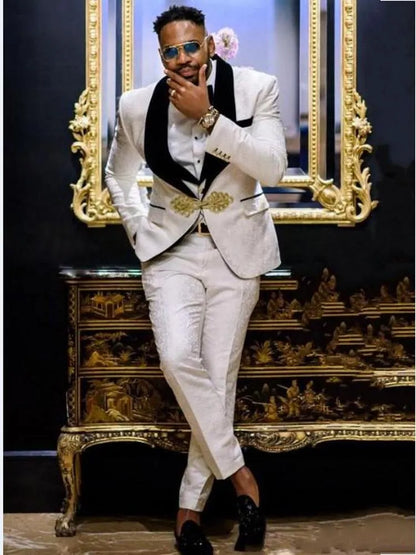 Real Photo Groom Tuxedos Weaving Brocade Jacquard Men Party Business Suits 3 Piece Prom Blazer Dress Customize W1450